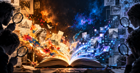 Livre ouvert d'où émergent des œuvres d'art traditionnelles et des créations numériques, symbolisant le rôle de l'intelligence artificielle dans l'art.